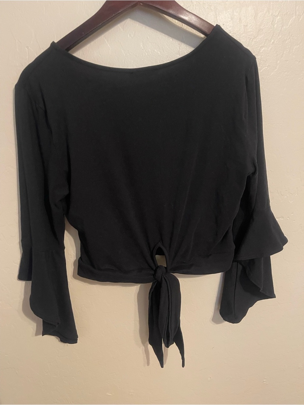 Witchy Black Wrap Tie Crop Top with Bell Sleeves - Picture 4 of 4